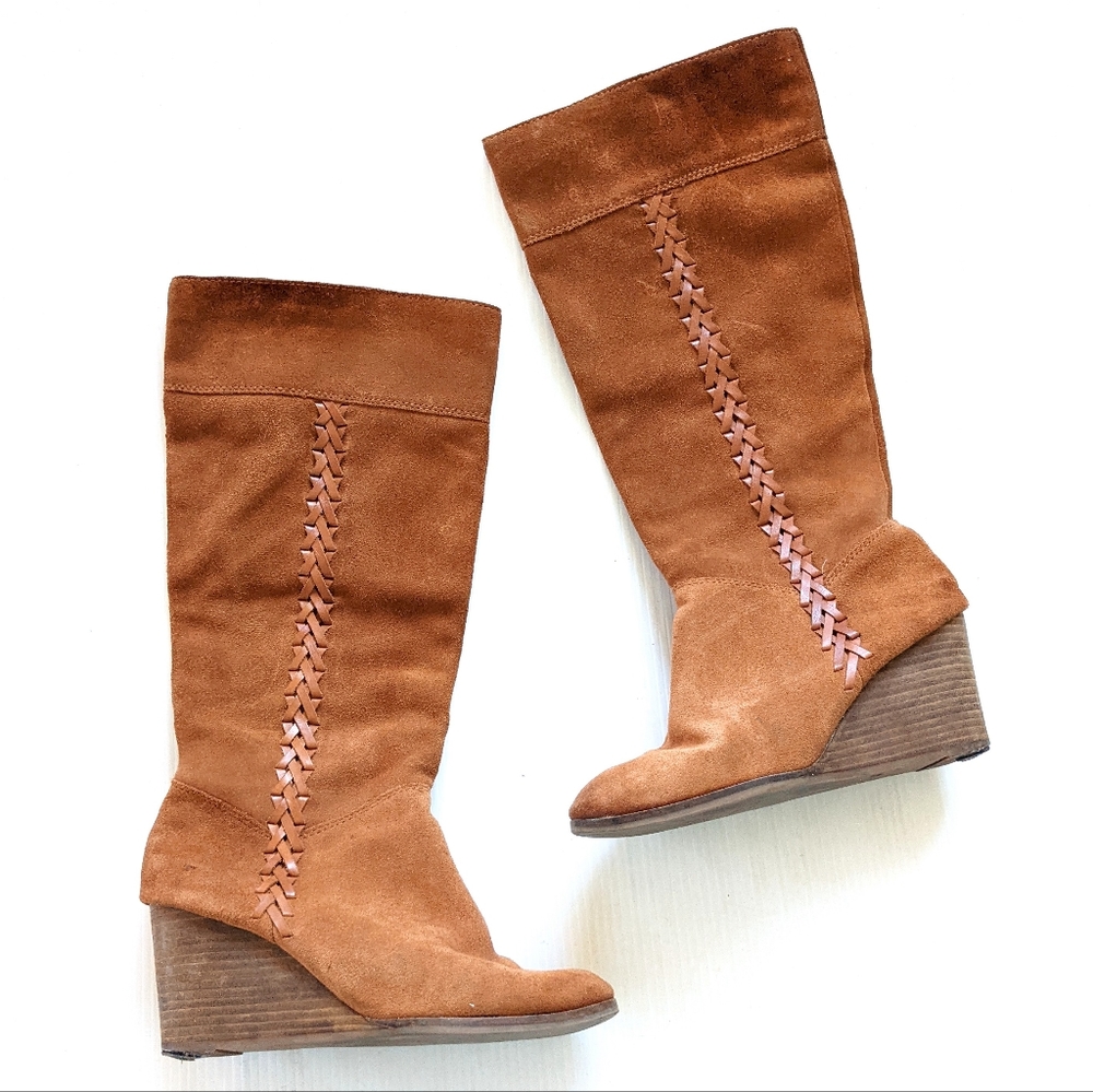 LUCKY BRAND Sanna Bombay tan suede wedge heel knee high riding boots
